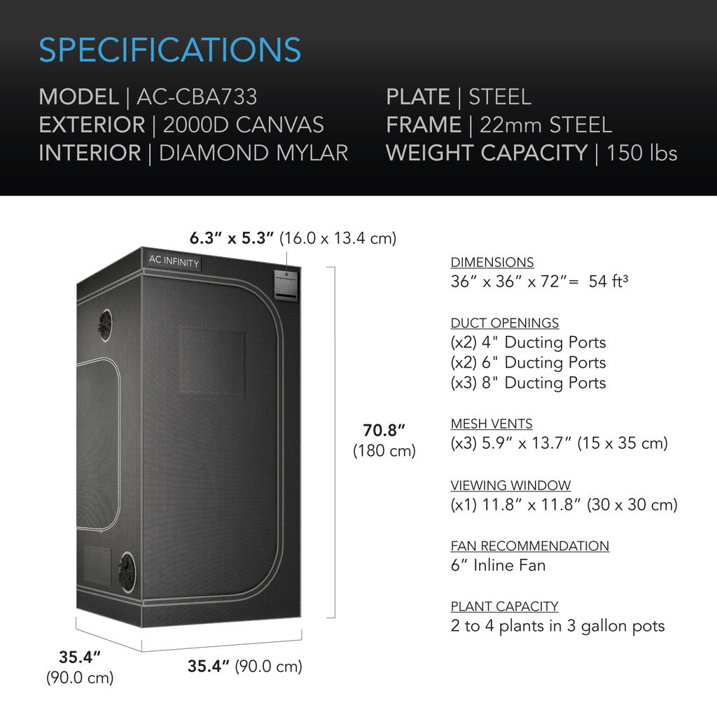 AC Infinity CLOUDLAB 733 – Advance Grow Tent 3x3, 2000D Diamond Mylar Canvas, 90 cm x 90 cm x 180 cm