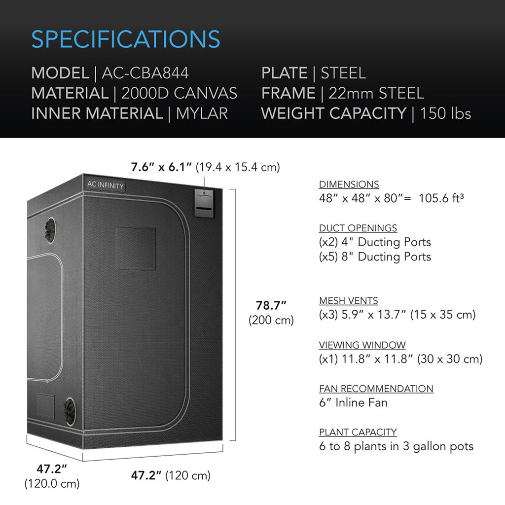 AC Infinity CLOUDLAB 844 – Advance Grow Tent 4x4, 2000D Diamond Mylar Canvas, 120 cm x 120 cm x 200 cm