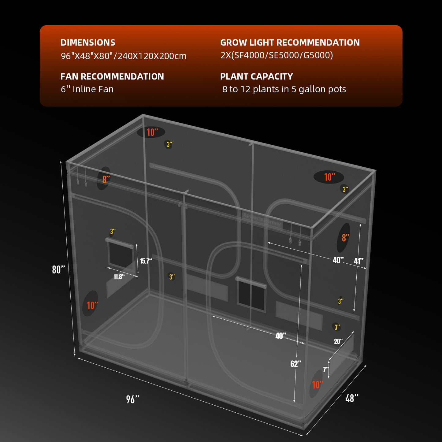 Spider Farmer 1680D kweektent met stevig stalen frame | Spider Farmer 1680D grow tent with sturdy steel frame | Spider Farmer 1680D Growzelt mit stabilem Stahlrahmen