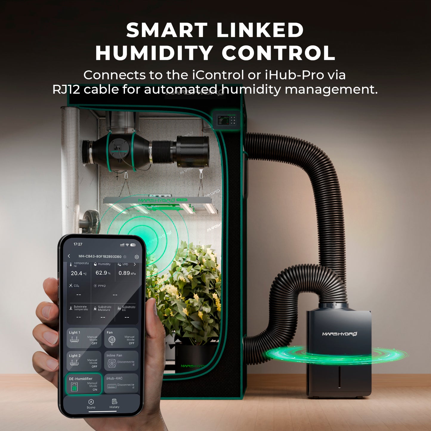 Automatische luchtvochtigheidsregeling in kweektent met RJ12 smart connection, grow tent dehumidifier with WiFi compatibility, Luftentfeuchter mit iControl Integration