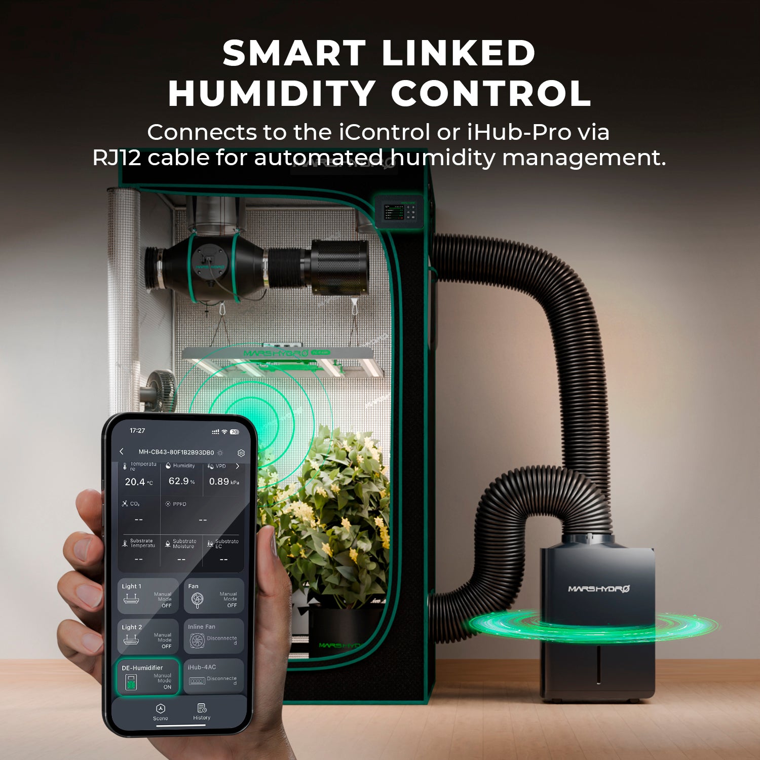 Automatische luchtvochtigheidsregeling in kweektent met RJ12 smart connection, grow tent dehumidifier with WiFi compatibility, Luftentfeuchter mit iControl Integration