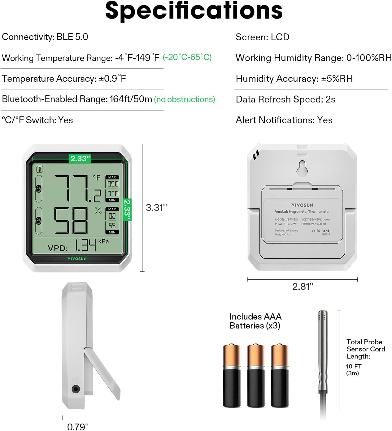 VIVOSUN AeroLab THB1S – Slimme Bluetooth Hygrometer &amp; Thermometer