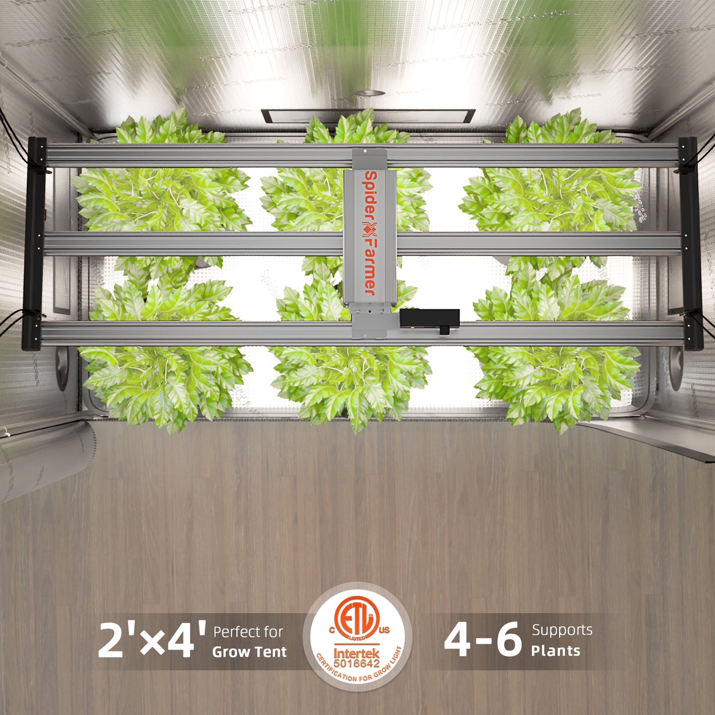 2x4 grow tent LED lamp 320W met 913 µmol/s PPF output und energieeffizientem Design