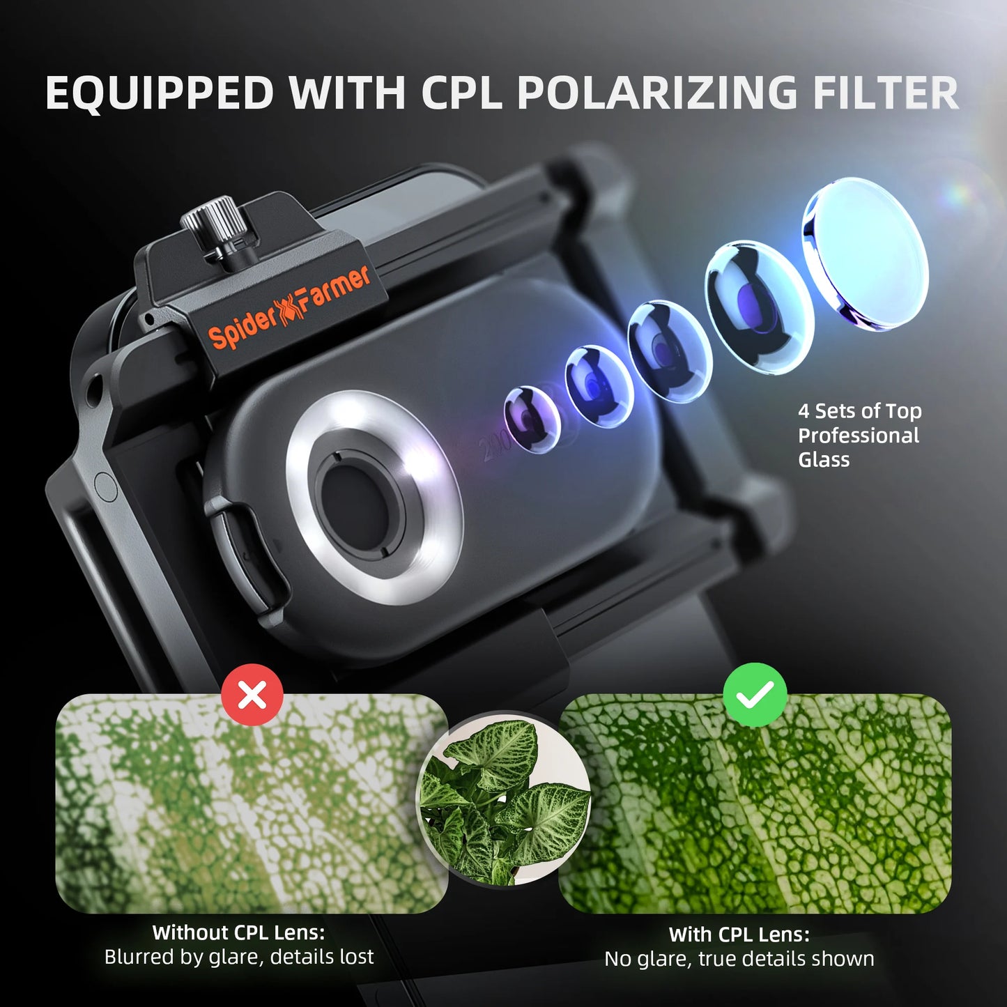 Spider Farmer 200X Trichomes Microscope Smartphone Lens with LED &amp; UV, Nano Zoom, CPL