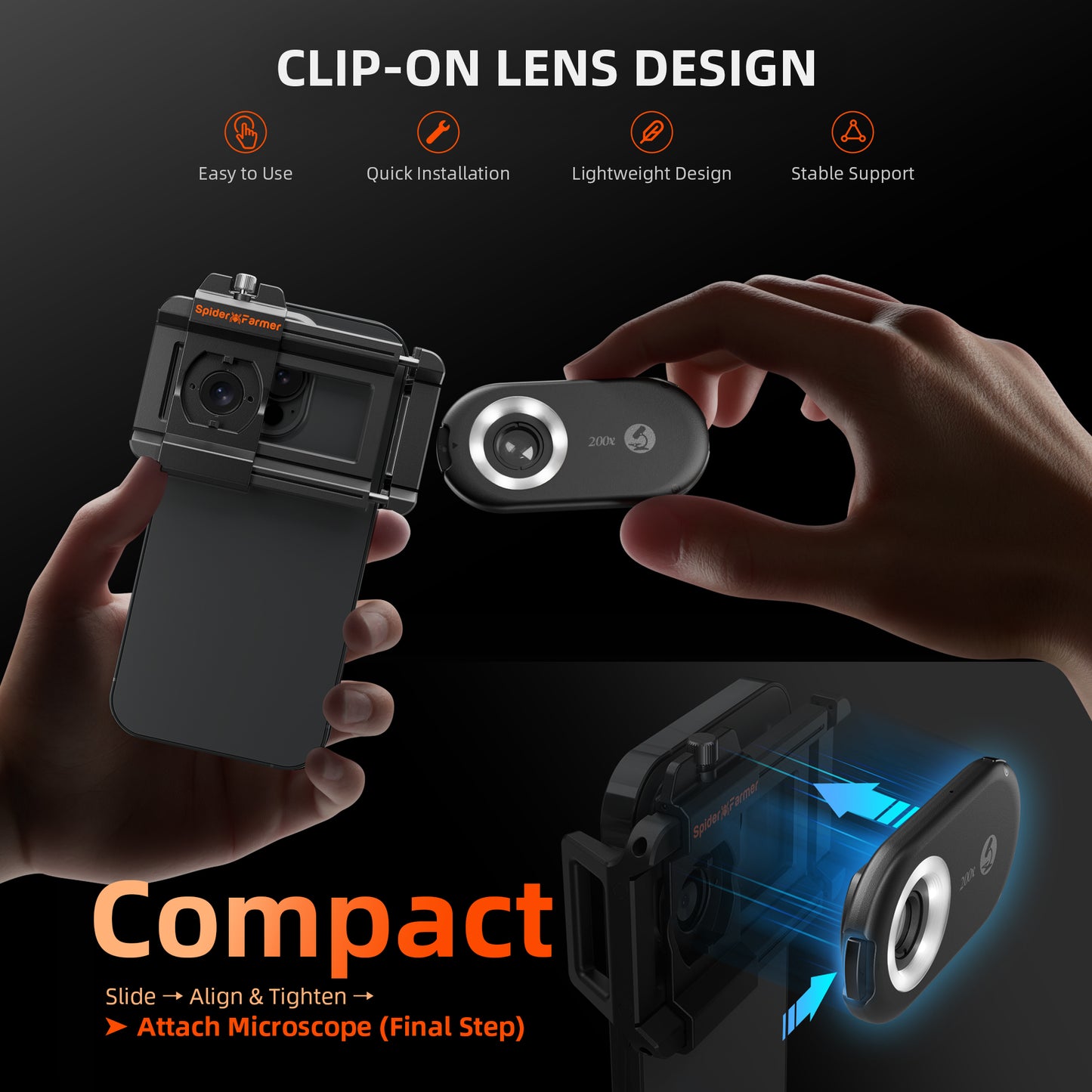 Spider Farmer 200X Trichomes Microscope Smartphone Lens with LED &amp; UV, Nano Zoom, CPL