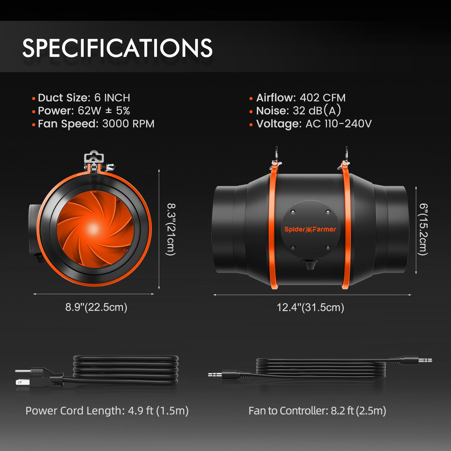 Spider Farmer 6-tums/15 cmØ Ventilationssats inklusive Smart Monitor