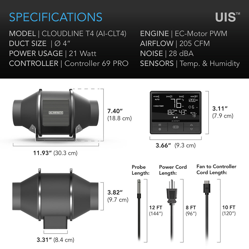 AC Infinity CLOUDLINE T4 – Quiet Inline Duct Fan System with Temperature and Humidity Controller (100 mm)