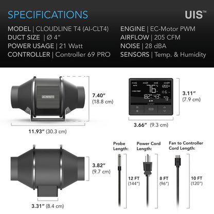 AC Infinity CLOUDLINE T4 – Quiet Inline Duct Fan System with Temperature and Humidity Controller (100 mm)