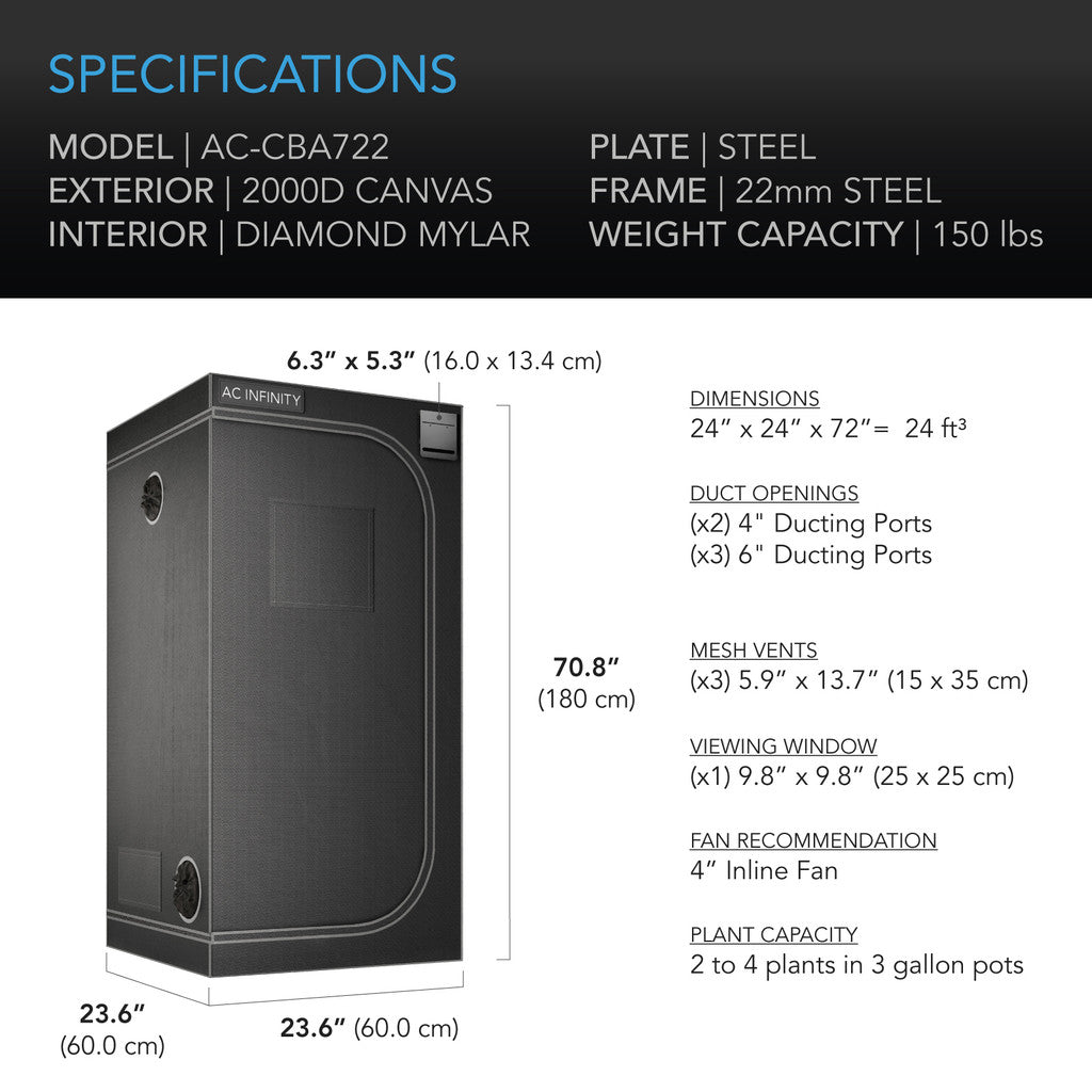 AC Infinity CLOUDLAB 722 – Advance Grow Tent 2x2, 2000D Diamond Mylar Canvas, 60 cm x 60 cm x 180 cm