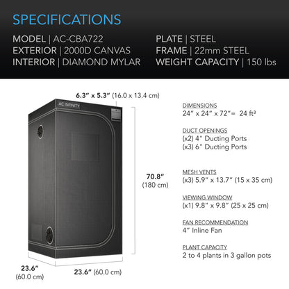 AC Infinity CLOUDLAB 722 – Advance Grow Tent 2x2, 2000D Diamond Mylar Canvas, 60 cm x 60 cm x 180 cm