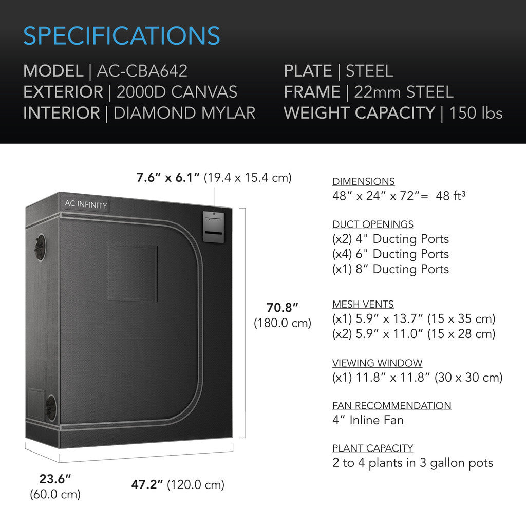 AC Infinity CLOUDLAB 642 – Advance Grow Tent 4x2, 2000D Diamond Mylar Canvas, 120 cm x 60 cm x 180 cm