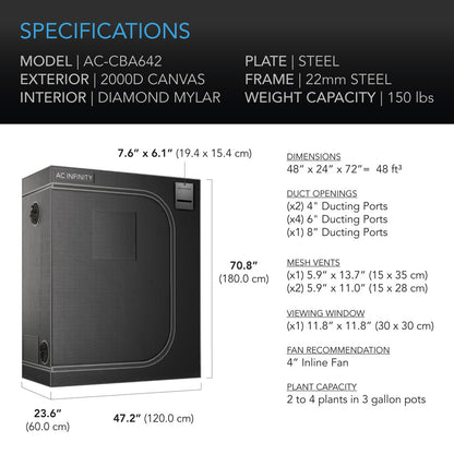 AC Infinity CLOUDLAB 642 – Advance Grow Tent 4x2, 2000D Diamond Mylar Canvas, 120 cm x 60 cm x 180 cm