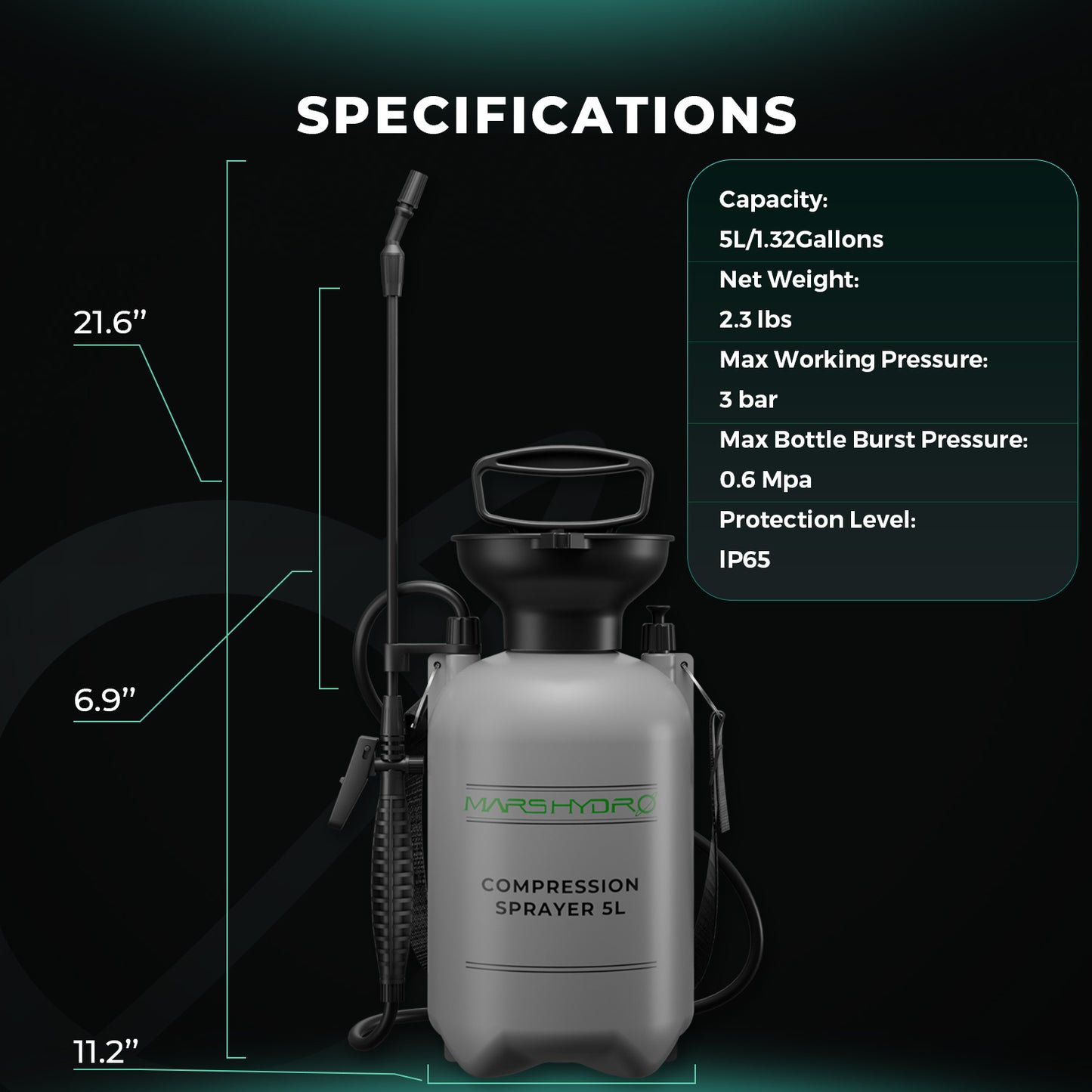 Mars Hydro drukspuit met transparante tank en niveau-indicator, pressure sprayer with measurement scale, Drucksprüher mit Füllstandsanzeige