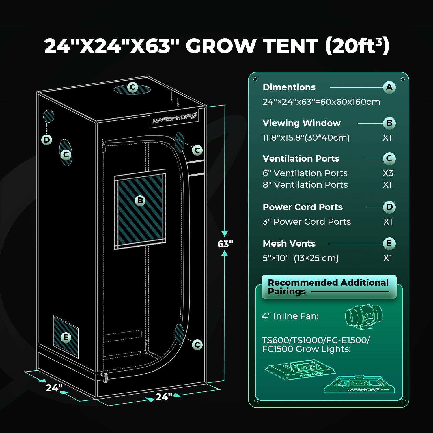 Mars Hydro 60×60×160 cm kweektent met hoogreflecterend Mylar | Mars Hydro 60×60×160 cm grow tent with highly reflective Mylar | Mars Hydro 60×60×160 cm Growzelt mit hochreflektierendem Mylar