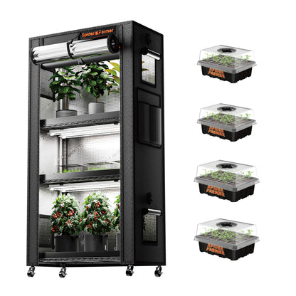 Spider Farmer 4-laags plant stand met 108W LED grow lights en 1680D grow tent – indoor kweeksysteem met seed trays / Spider Farmer 4-tier plant stand with 108W LED grow lights and 1680D grow tent – indoor growing system with seed trays / Spider Farmer 4-stufiges Pflanzenregal mit 108W LED Grow Lights und 1680D Growzelt – Indoor Anzuchtsystem mit Saatschalen